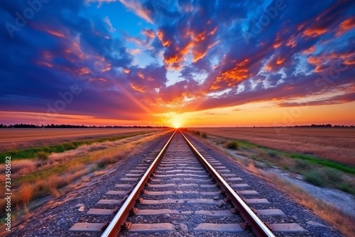 Gorgeous railway track vanishing into the enchanting horizon at mesmerizing sunset