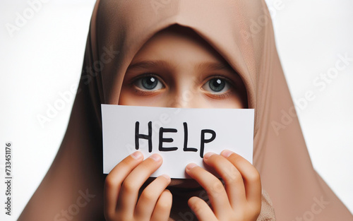 girl wearing hijab Holding a sign that says HELP on a white background. Concept of protecting human rights.