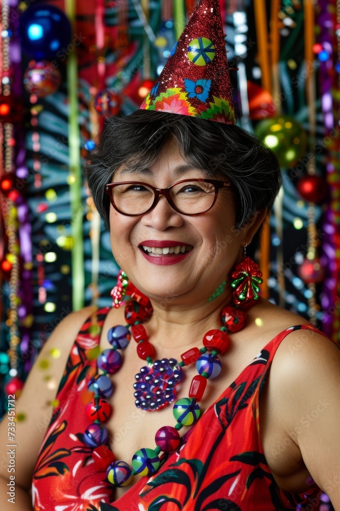 A stylish woman exudes confidence and joy as she accessorizes her dress with a party hat, necklace, and glasses, making her the life of the indoor party A stylish woman exudes confidence and joy as she accessorizes her dress with a party hat, necklace, and glasses, making her the life of the indoor party