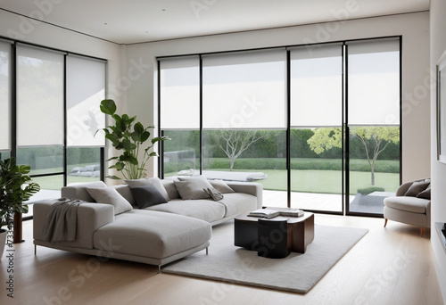 Roller blinds positioned within the indoor space. White roller shades covering the windows within the living area. A houseplant and a couch are present in the room. Motorized curtains integrated into