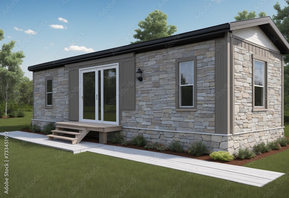 A lovely sky serves as the backdrop for a grey trailer home that features a stone foundation or skirting, as well as shutters in the front.