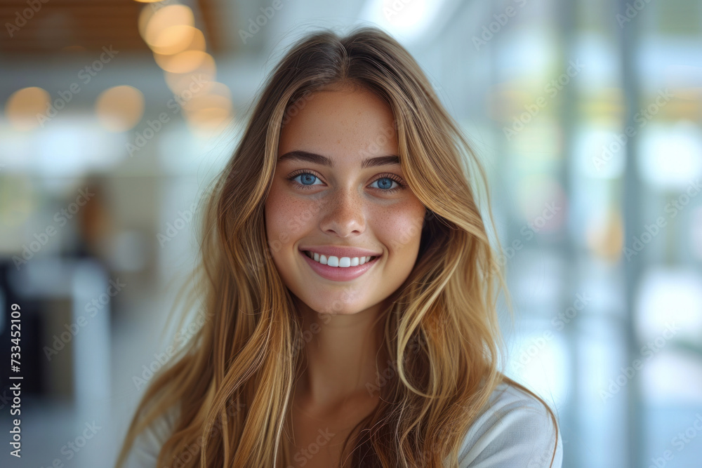 smiling young woman, in a stylish yet professional outfit, extends her hand in gratitude to accept a job offer smiling young woman, in a stylish yet professional outfit, extends her hand in gratitude to accept a job offer