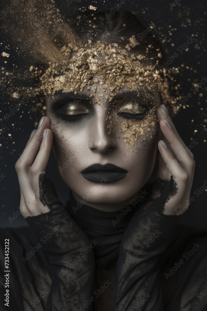 A striking human face adorned with black lipstick and golden dust exudes a dark and edgy fashion statement, captivating all who lay eyes upon her portrait