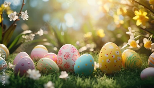 Various Colorful Easter Golden eggs and spring flowers in Green Grass background