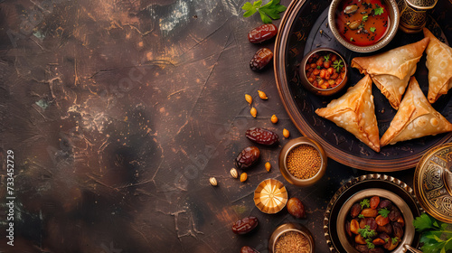 top view, flat lay, arabic Cuisine: Middle Eastern traditional lunch. It's also Ramadan "Iftar" - AI Generated