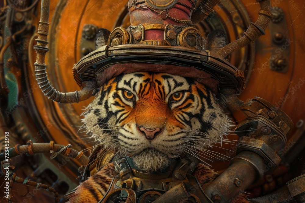 A close up of a tiger wearing a hat. Surreal illustration with steampunk and wild west elements.