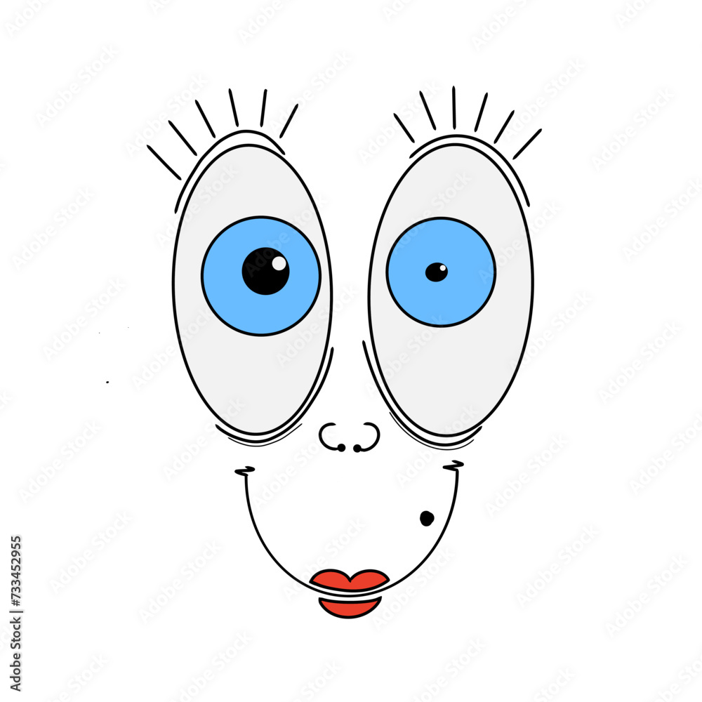 funny hand drawn illustration om woman smiley face, big blue eyes and red lips, doodles, scribbles
