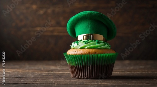 Delicious decorated cupcake decorated with St Patrick Shamrock green hat on wooden table  space. St. Patrick s Day celebration created with generative ai