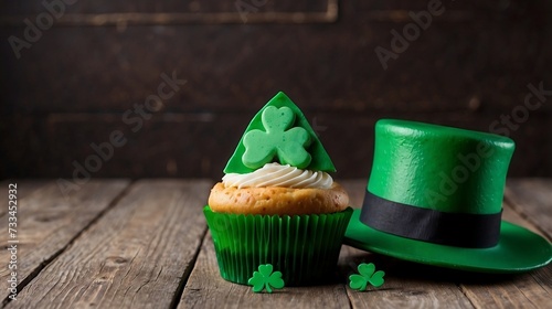 Delicious decorated cupcake decorated with St Patrick Shamrock green hat on wooden table, space. St. Patrick's Day celebration created with generative ai