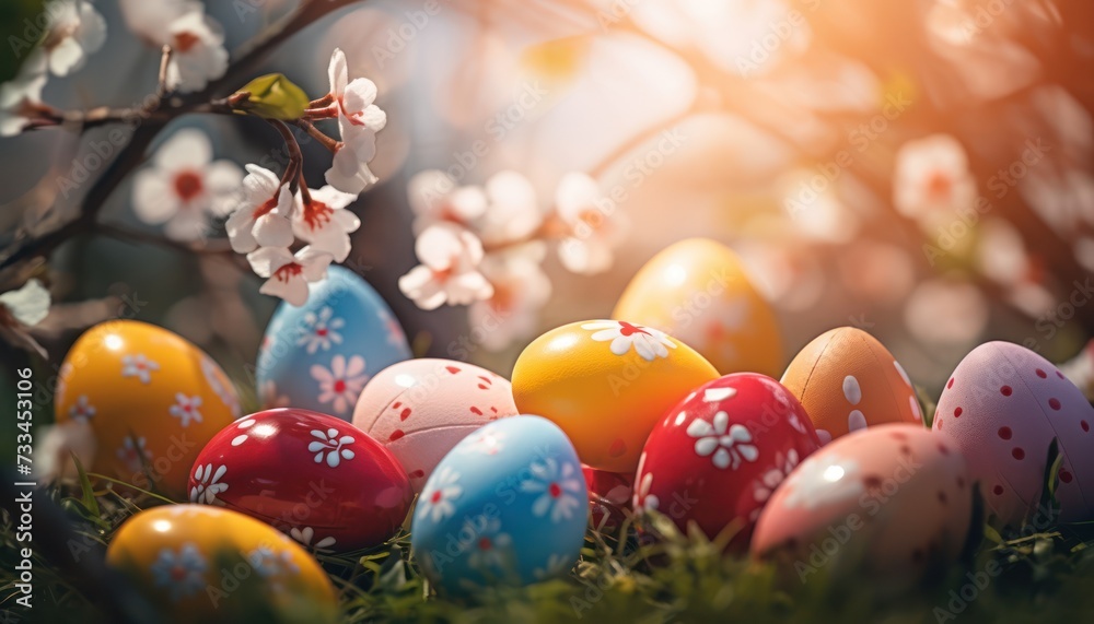 Various Colorful Easter Golden eggs and spring flowers in Green Grass background Various Colorful Easter Golden eggs and spring flowers in Green Grass background