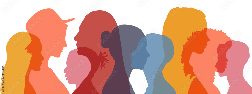 The concept of friendship, communication, interaction between diverse multiethnic people. Adults, teenagers and children. People profile silhouette