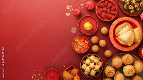 top view, flat lay, Samosas, Jalebi, Gulab jamun, Barfi (Indian sweets), Laddu, Poori for Diwali background with copy space - AI Generated 