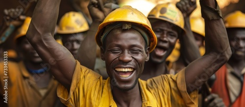 African mine workers unite cheerfully, forming a brotherhood.