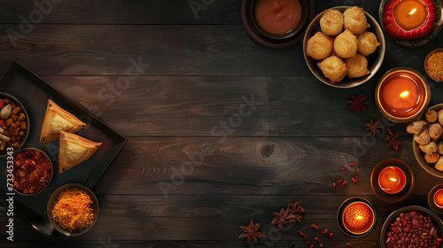 burning diya with assorted sweet and snack on dark wooden background with copy space - AI Generated