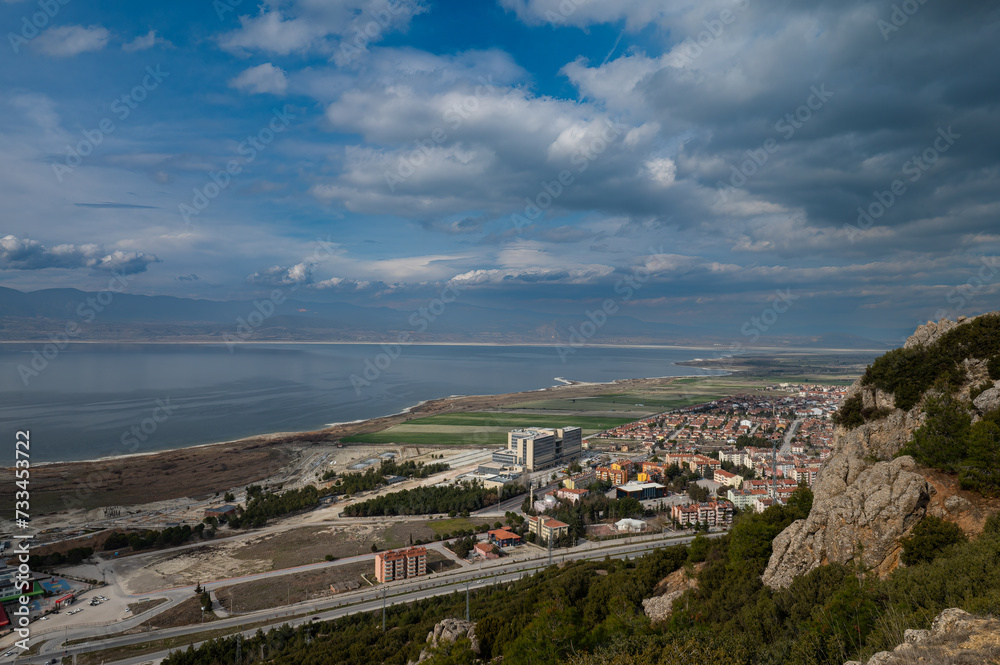 View of Lake Burdur from a high hill on a cloudy winter day.