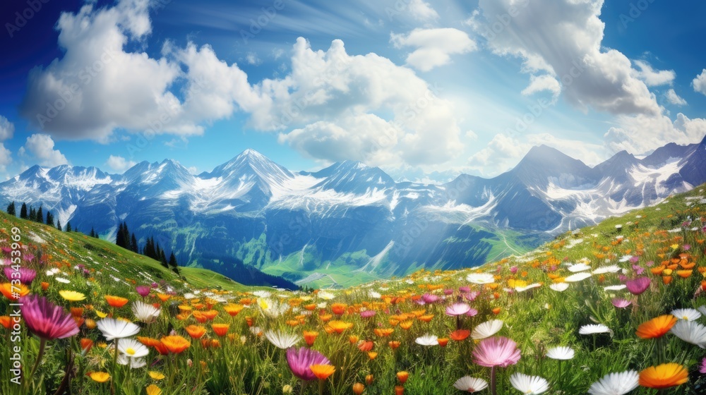 Spring flower meadow. Chamomiles and other colorful flowers. Beautiful sunny day. Mountains at background. AI Generated 
