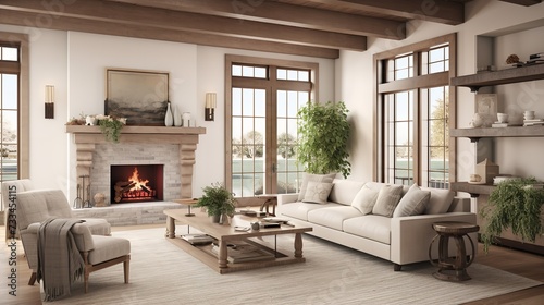 Rustic Elegance: Country Living Room with Warm Woods and Cozy Fireplace