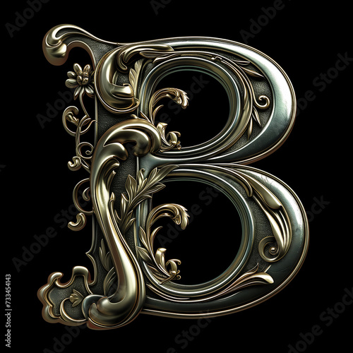 Letter B detailed Art Nouveau sculpture icon on black background