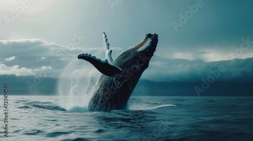 Majestic Humpback Whale Breach in the Ocean. © ArquitecAi