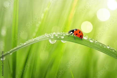 A ladybug sitting on top of a green leaf.