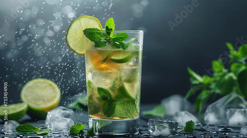 A refreshing mojito cocktail served in a tall glass, garnished with a sprig of fresh mint and a slice of lime