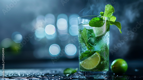 A refreshing mojito cocktail served in a tall glass, garnished with a sprig of fresh mint and a slice of lime photo