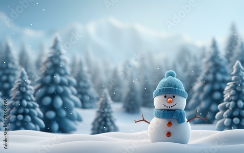 A snowman in a blue hat and scarf standing in the snow. Generative AI. © Natalia
