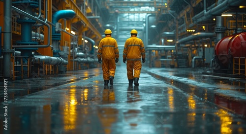 Amid the deafening sound of construction and the cold rain pouring outside, two determined workers clad in yellow hard hats march through the factory, their boots firmly planted on the ground as they