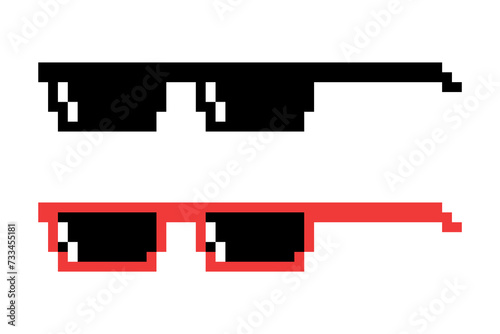 Vector Pixel Boss Glasses Icon Set in 8 bit Retro Style. Summer Meme Game Thug Design, Mafia Gangster Funky Sunglasses. Rap Music Design Element