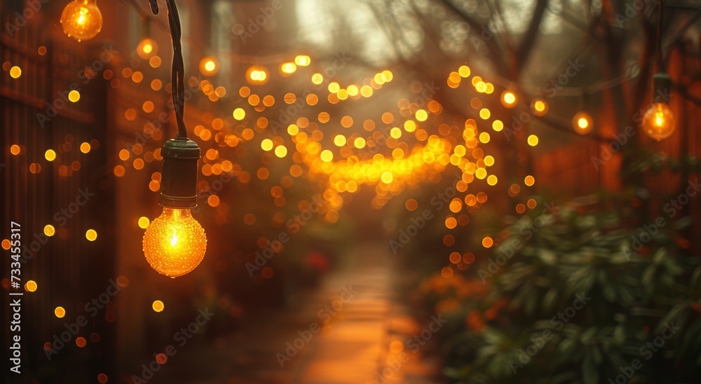 The warm amber glow of a single light bulb suspended from a string of outdoor lanterns illuminates the quiet street on a peaceful night