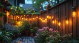 A charming garden oasis, illuminated by a string of lights and adorned with vibrant flowers and lush plants, encircled by a sturdy fence, creating a cozy and inviting atmosphere for the house