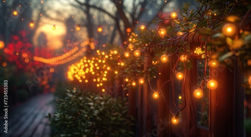 A festive glow envelops the tree as amber lights dance along the fence, illuminating the outdoor night with the warmth of a candle-lit christmas