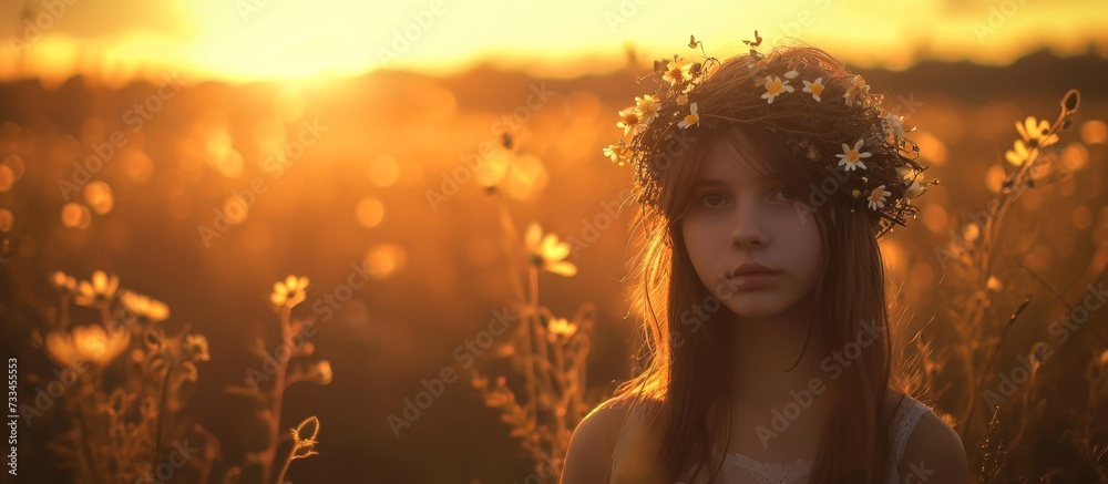 Sundown in a field, a charming girl wearing a wreath on her head. Sundown in a field, a charming girl wearing a wreath on her head.