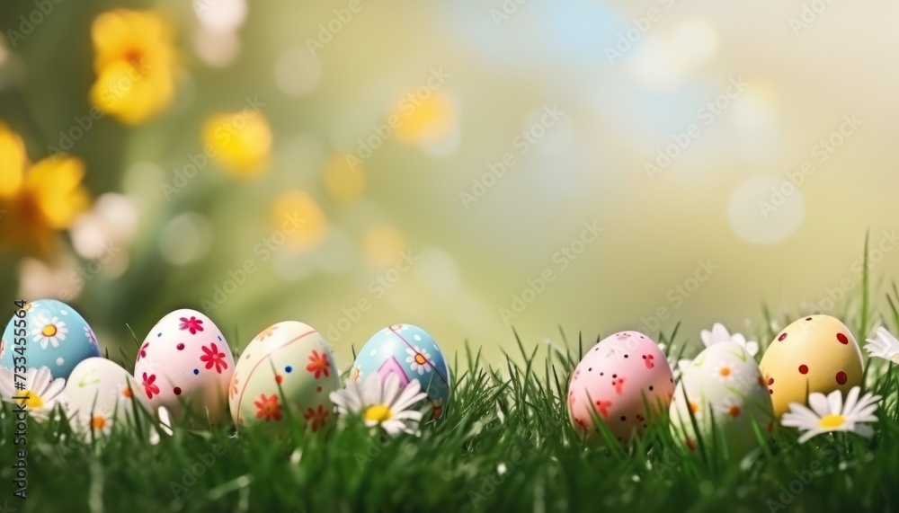 Various Colorful Easter Golden eggs and spring flowers in Green Grass background