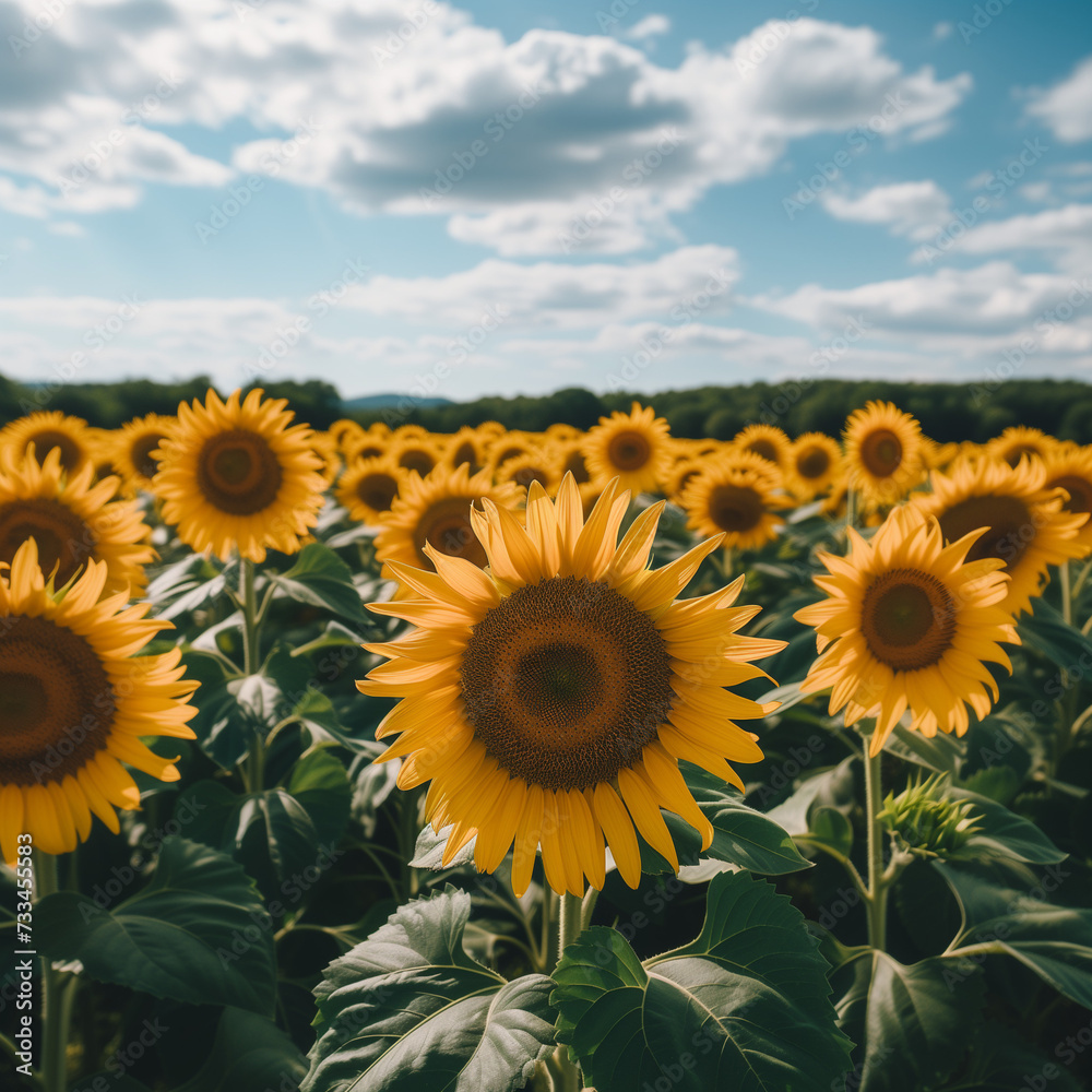 Fototapeta premium Vibrant Sunflower Field Under Sunny Skies