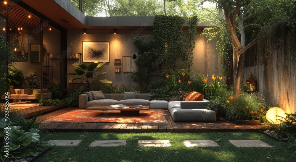 A cozy patio oasis nestled among lush plants and trees, adorned with stylish furniture and a serene courtyard, creating the perfect outdoor retreat for a peaceful home