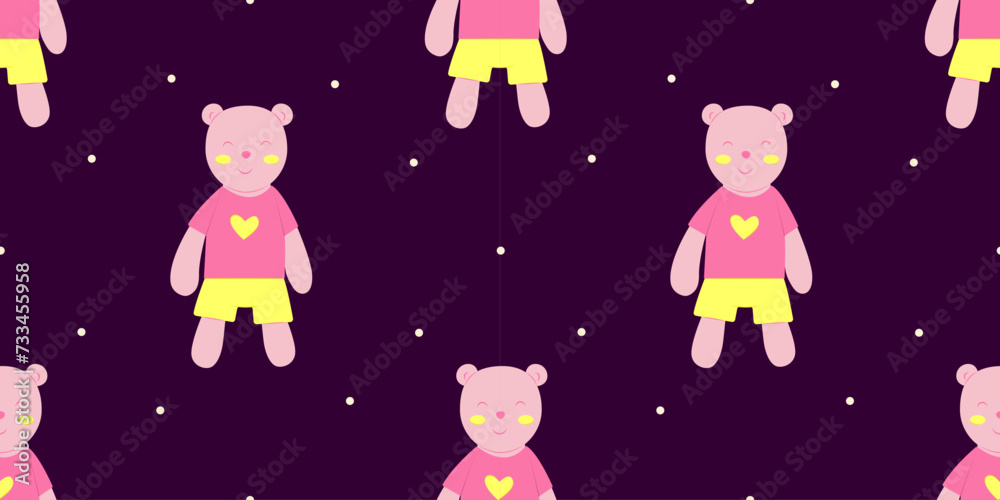 Fototapeta premium Seamless pattern of cute pink teddy bear for sleeping. Sleep concept. Vector illustration