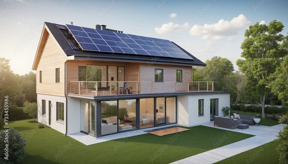House with solar panels on the roof. Sustainable and clean energy at home. House with solar panels on the roof. Sustainable and clean energy at home.