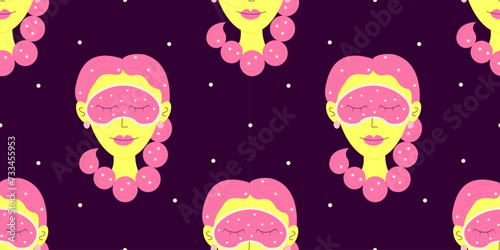 Seamless pattern of girl and garland with stars and moon, background for bachelorette party, sleepover, birthday party on pajama party theme