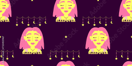 Seamless pattern of girl and garland with stars and moon, background for bachelorette party, sleepover, birthday party on pajama party theme
