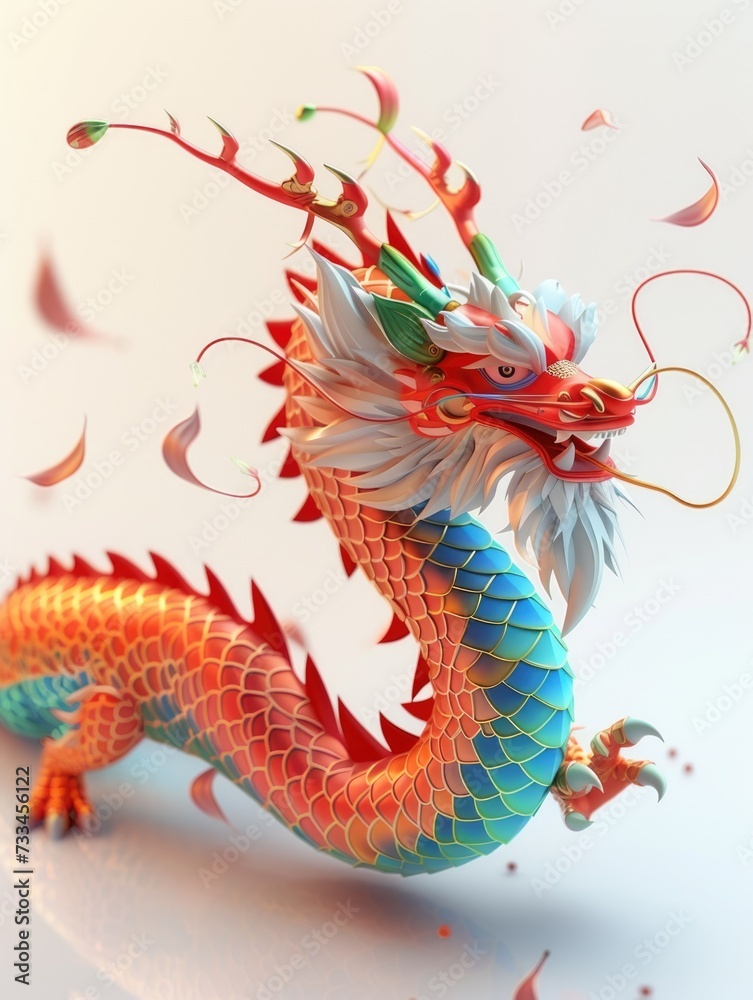 A colorful dragon statue on a white surface.