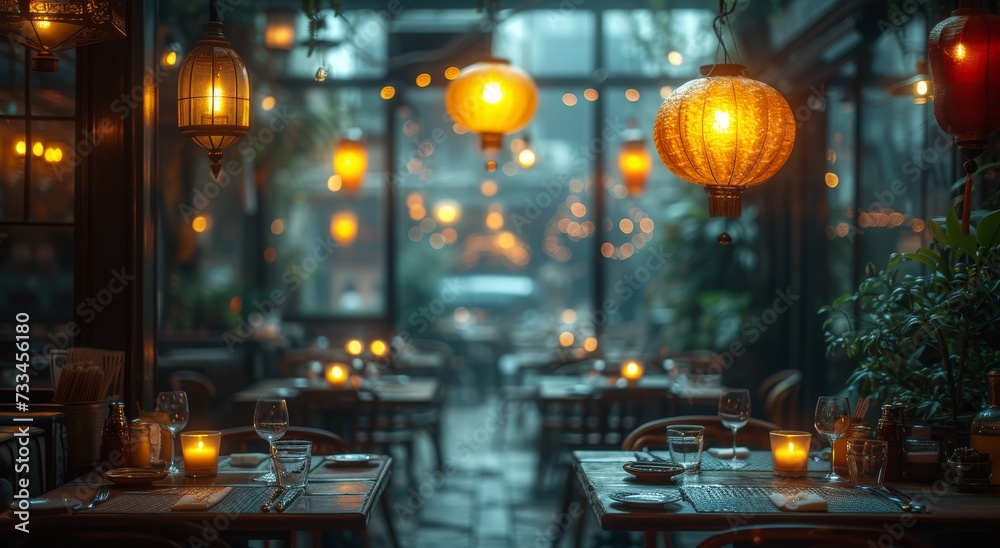 A cozy restaurant in the heart of the city, adorned with elegant furniture and warm lighting from flickering candles and light fixtures, offering indoor and outdoor dining options on a bustling stree