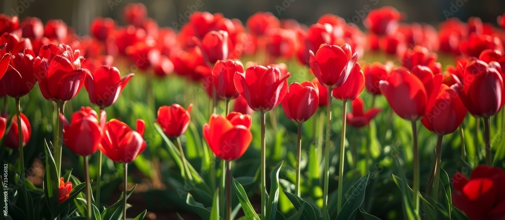 Fototapeta premium Vibrant Field of Red Tulips Blooming in Full Splendor