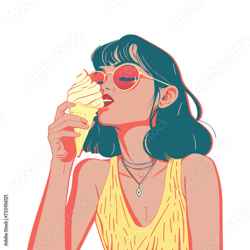 Girl eating ice cream. Happy excited portrait of woman with cone popsicle. Caucasian beautiful young woman model. Delicious cold tasty in summer. Cartoon vector ai illustration