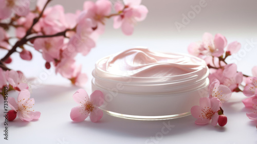Jar of cream and blossoming branch. Cream with extract of Pink tree
