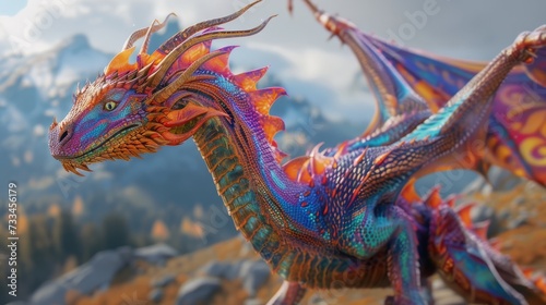 Magnificent Chinese dragon perched on rocks with a majestic mountainous backdrop © SpiralStone