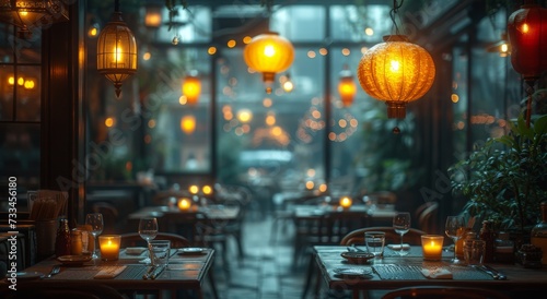 A cozy restaurant in the heart of the city, adorned with elegant furniture and warm lighting from flickering candles and light fixtures, offering indoor and outdoor dining options on a bustling stree