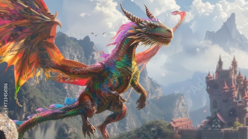 Foto Colorful dragon galloping in a mountainous landscape near an ancient castle