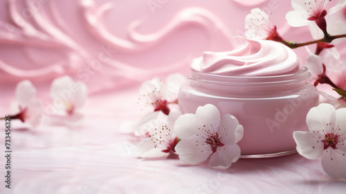 Jar of cream and blossoming branch. Cream with extract of Pink tree