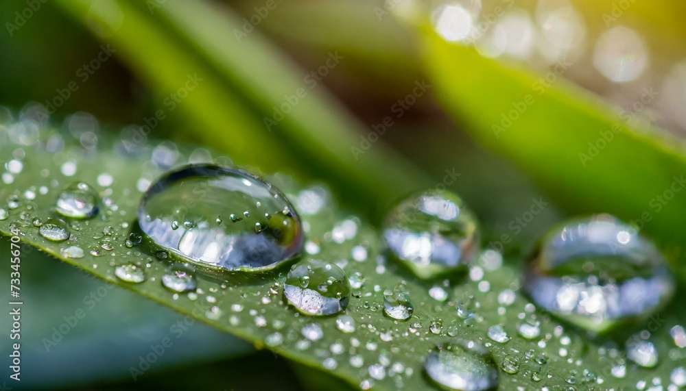 Fresh morning water droplets on green leaf surface